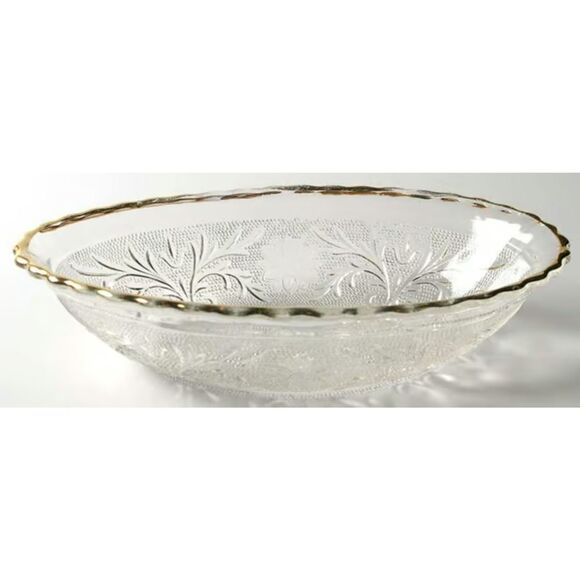 Anchor Hocking Gold Gilded Trim Vintage Oval Sandwich Glass Serving Bowl EAPG - Picture 1 of 10